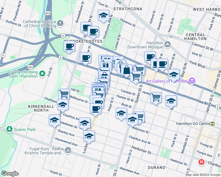 map of restaurants, bars, coffee shops, grocery stores, and more near 93 Canada Street in Hamilton