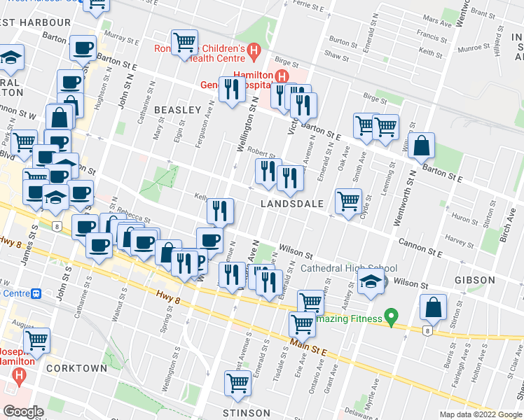 map of restaurants, bars, coffee shops, grocery stores, and more near 133 Victoria Avenue North in Hamilton