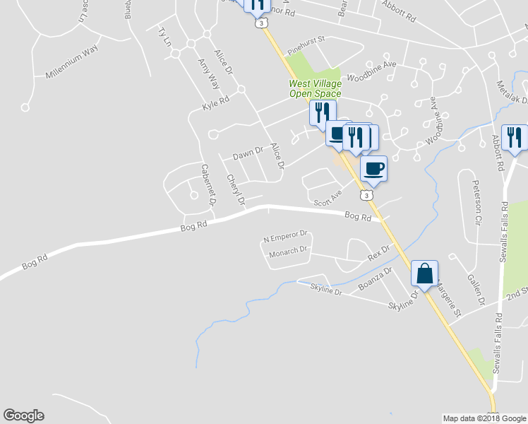 map of restaurants, bars, coffee shops, grocery stores, and more near 47 Bog Road in Concord