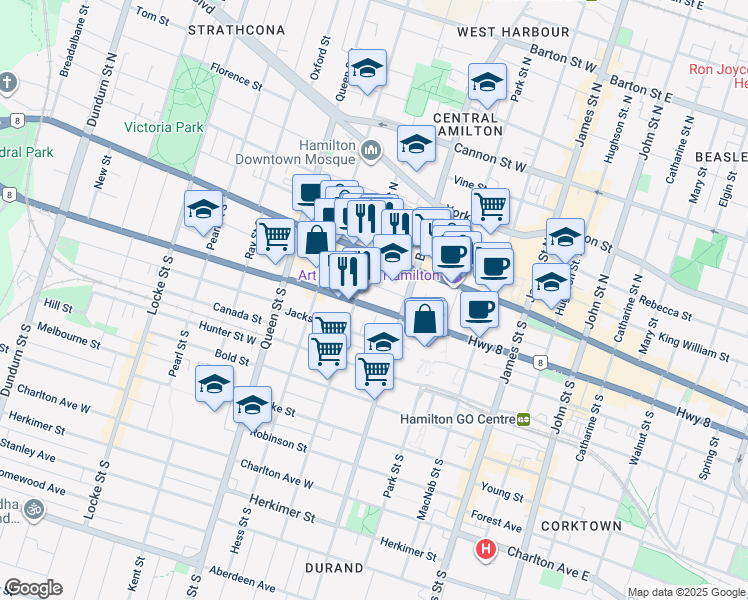 map of restaurants, bars, coffee shops, grocery stores, and more near in Hamilton