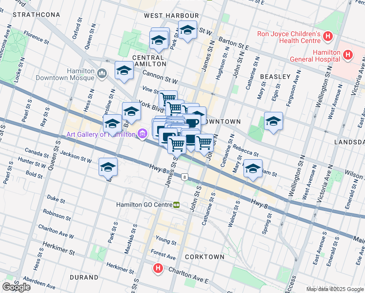 map of restaurants, bars, coffee shops, grocery stores, and more near 1 King Street East in Hamilton