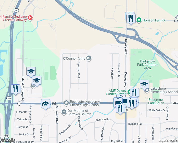 map of restaurants, bars, coffee shops, grocery stores, and more near 202 Summit Hill Drive in Rochester