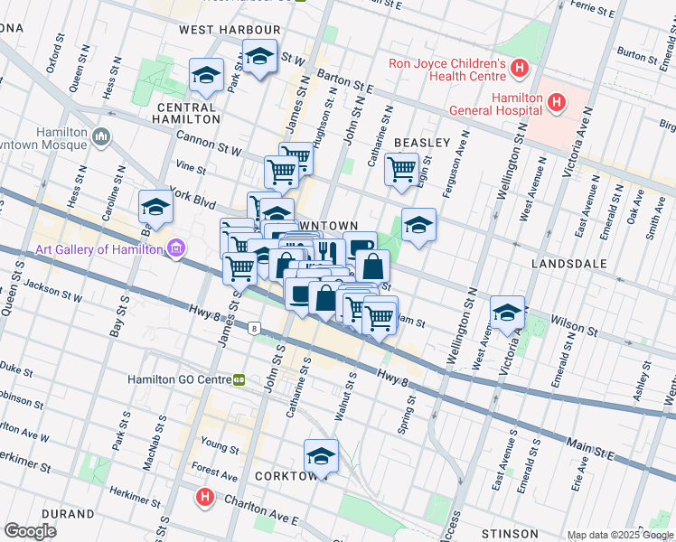 map of restaurants, bars, coffee shops, grocery stores, and more near 52 Catharine Street North in Hamilton