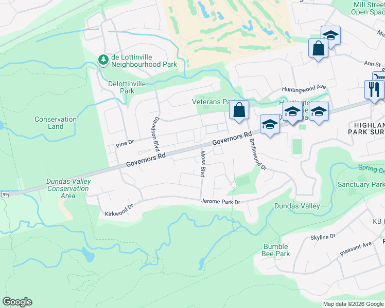 map of restaurants, bars, coffee shops, grocery stores, and more near 26 Moss Boulevard in Hamilton