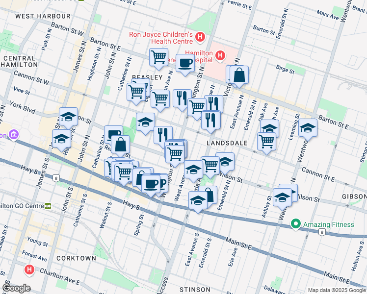 map of restaurants, bars, coffee shops, grocery stores, and more near 124 Wellington Street North in Hamilton
