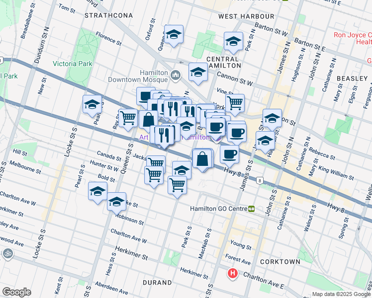 map of restaurants, bars, coffee shops, grocery stores, and more near 40 Bay Street South in Hamilton