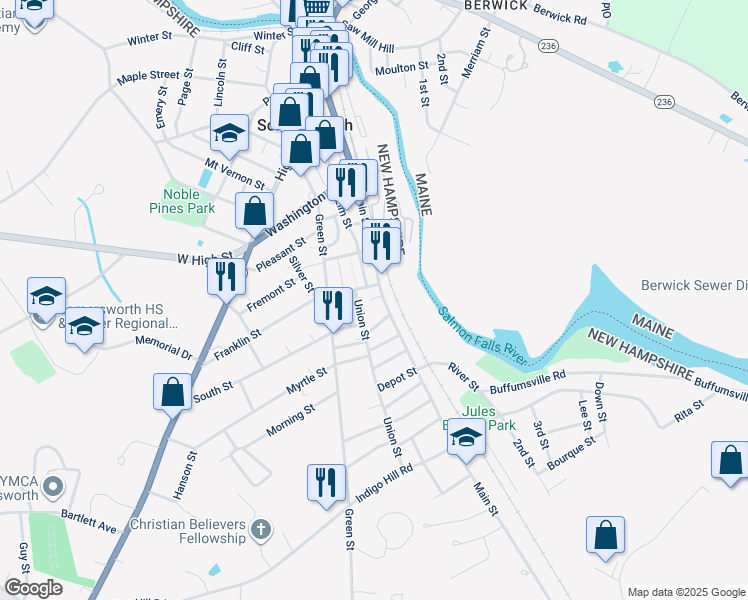 map of restaurants, bars, coffee shops, grocery stores, and more near 211 Main Street in Somersworth