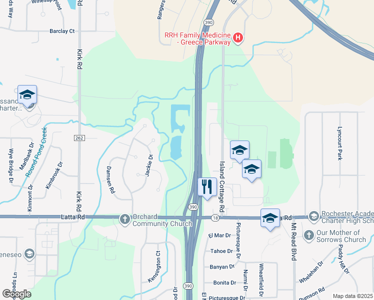 map of restaurants, bars, coffee shops, grocery stores, and more near 2102 Latta Road in Rochester
