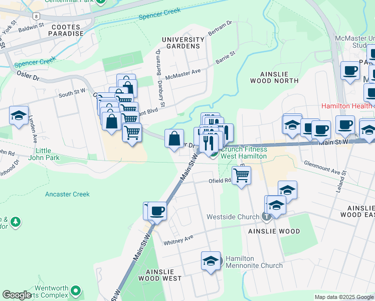 map of restaurants, bars, coffee shops, grocery stores, and more near 1710 Main Street West in Hamilton