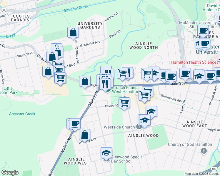 map of restaurants, bars, coffee shops, grocery stores, and more near 1638 Main Street West in Hamilton