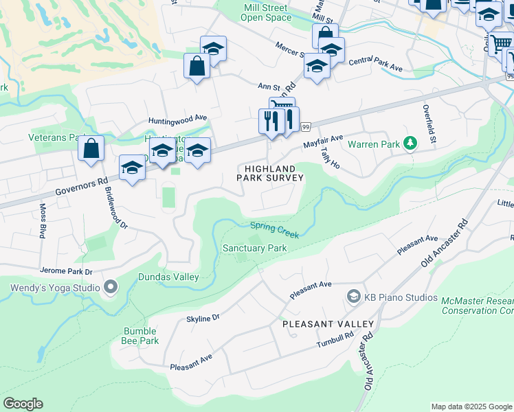 map of restaurants, bars, coffee shops, grocery stores, and more near 37 Brentwood Drive in Hamilton