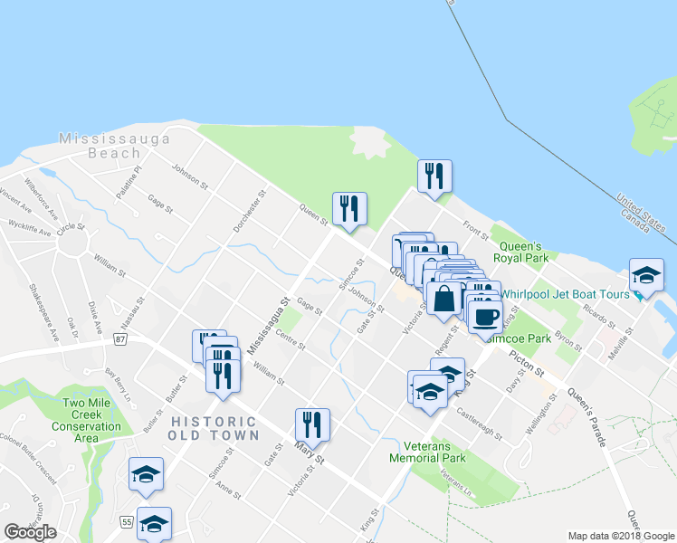 map of restaurants, bars, coffee shops, grocery stores, and more near 211 Johnson Street in Niagara-on-the-Lake