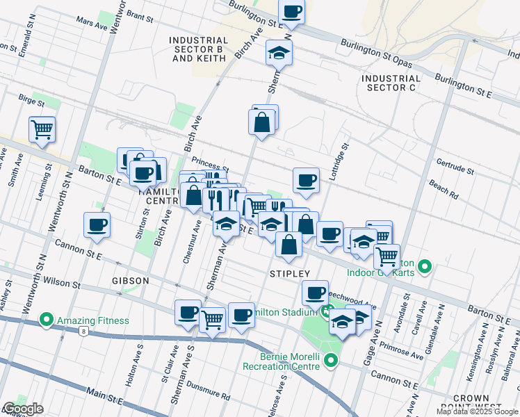 map of restaurants, bars, coffee shops, grocery stores, and more near 29 Case Street in Hamilton