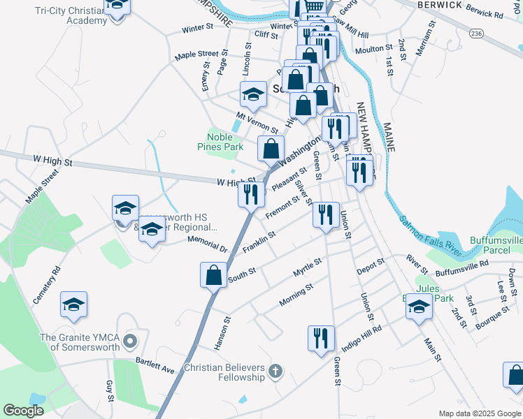 map of restaurants, bars, coffee shops, grocery stores, and more near 2 Garden Street in Somersworth