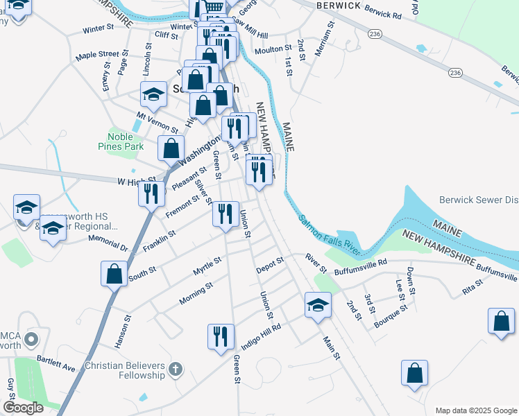 map of restaurants, bars, coffee shops, grocery stores, and more near 211 Main Street in Somersworth