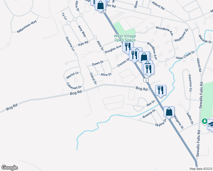 map of restaurants, bars, coffee shops, grocery stores, and more near 45 Bog Road in Concord