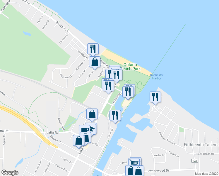 map of restaurants, bars, coffee shops, grocery stores, and more near 4725 Lake Avenue in Rochester