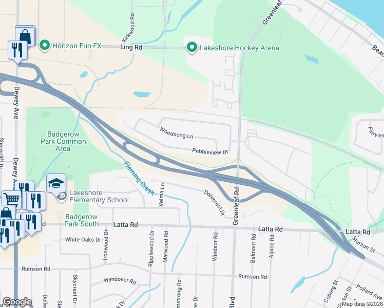 map of restaurants, bars, coffee shops, grocery stores, and more near 317 Pebbleview Drive in Rochester