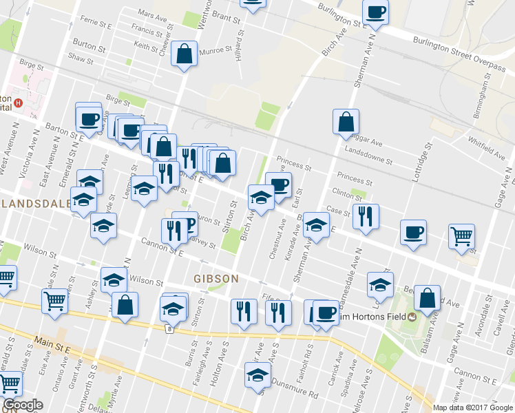 map of restaurants, bars, coffee shops, grocery stores, and more near in Hamilton