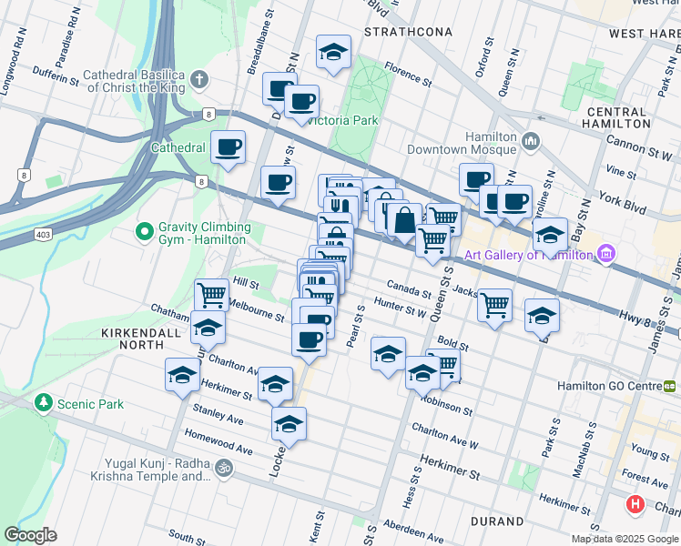 map of restaurants, bars, coffee shops, grocery stores, and more near 93 Canada Street in Hamilton