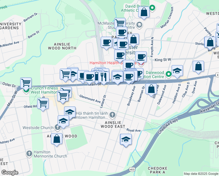 map of restaurants, bars, coffee shops, grocery stores, and more near 90 Sussex Street in Hamilton