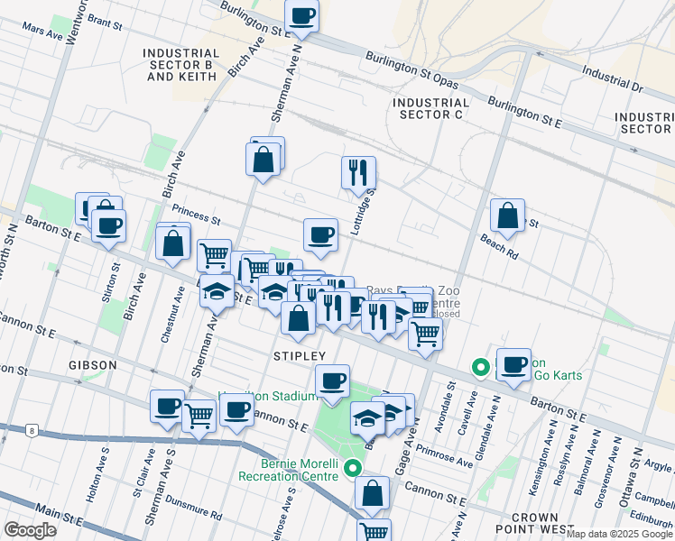 map of restaurants, bars, coffee shops, grocery stores, and more near 212 Lottridge Street in Hamilton