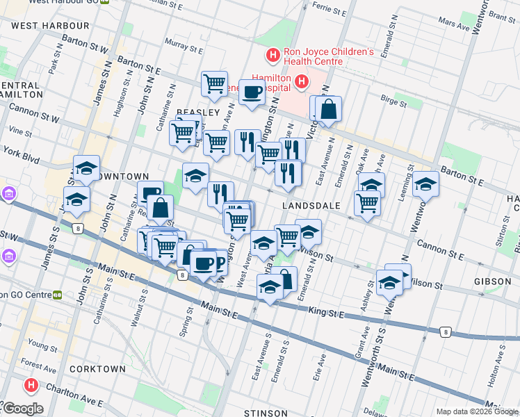 map of restaurants, bars, coffee shops, grocery stores, and more near 131 West Avenue North in Hamilton