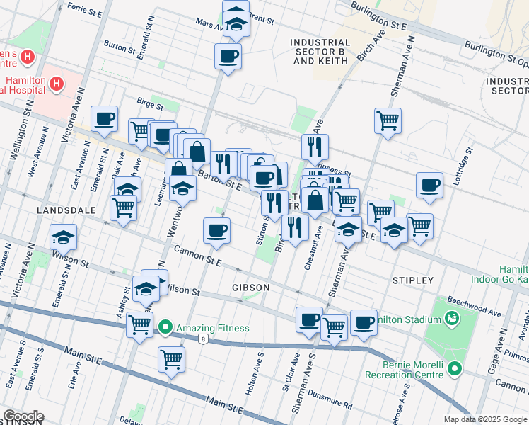 map of restaurants, bars, coffee shops, grocery stores, and more near 195 Stirton Street in Hamilton