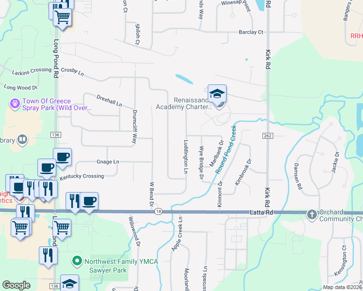 map of restaurants, bars, coffee shops, grocery stores, and more near 183 Luddington Lane in Rochester