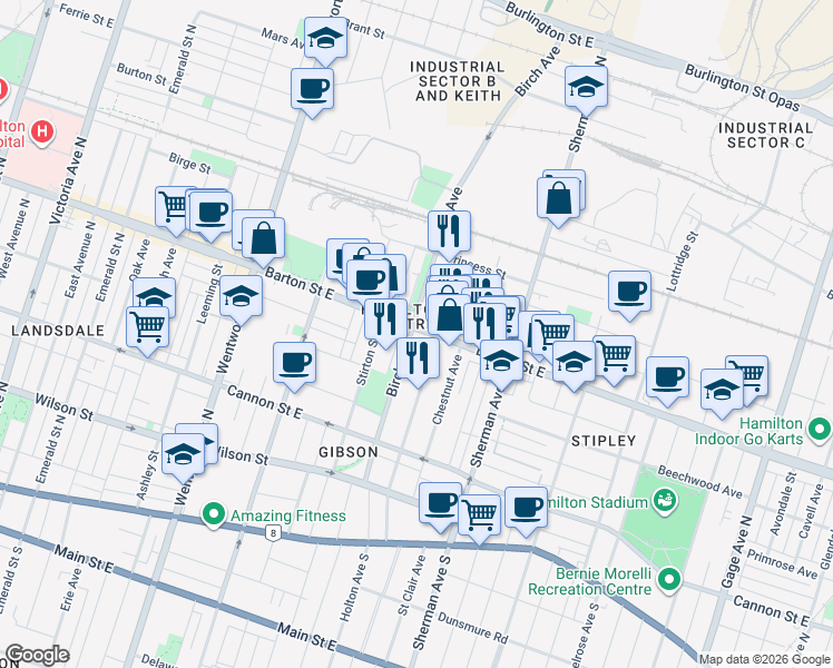 map of restaurants, bars, coffee shops, grocery stores, and more near 594 Barton Street East in Hamilton