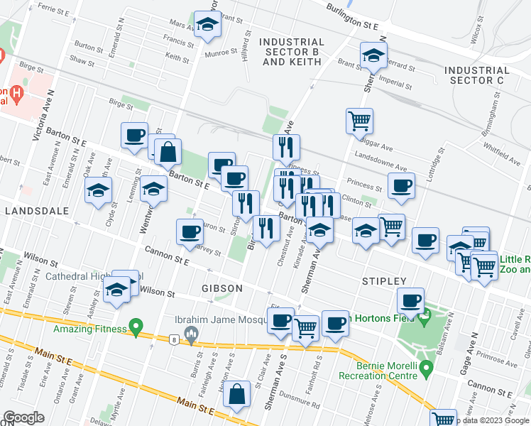 map of restaurants, bars, coffee shops, grocery stores, and more near 594 Barton Street East in Hamilton