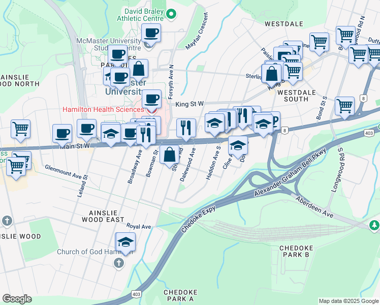 map of restaurants, bars, coffee shops, grocery stores, and more near 90 Dalewood Avenue in Hamilton