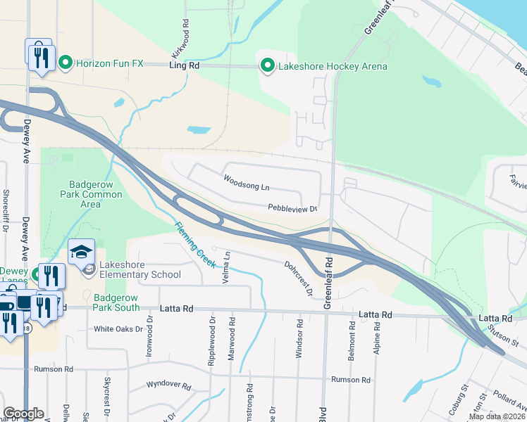 map of restaurants, bars, coffee shops, grocery stores, and more near 317 Pebbleview Drive in Rochester