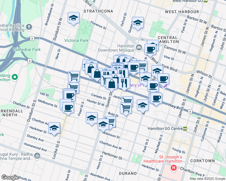 map of restaurants, bars, coffee shops, grocery stores, and more near in Hamilton