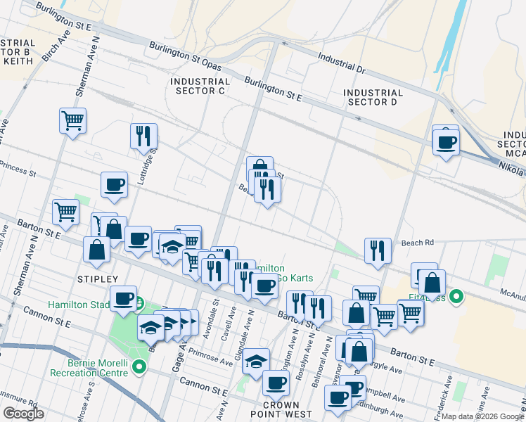 map of restaurants, bars, coffee shops, grocery stores, and more near 16 Albemarle Street in Hamilton
