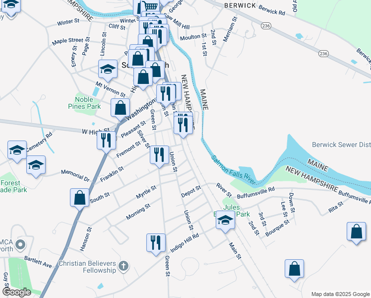 map of restaurants, bars, coffee shops, grocery stores, and more near 211 Main Street in Somersworth