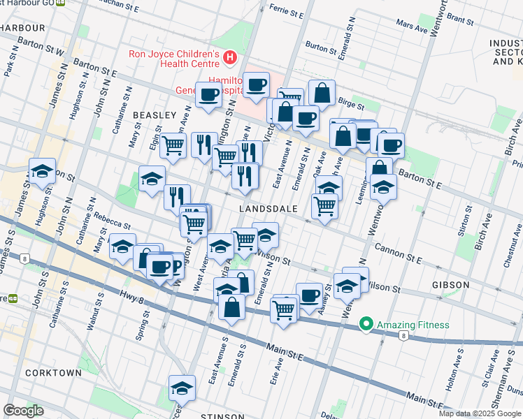 map of restaurants, bars, coffee shops, grocery stores, and more near in Hamilton