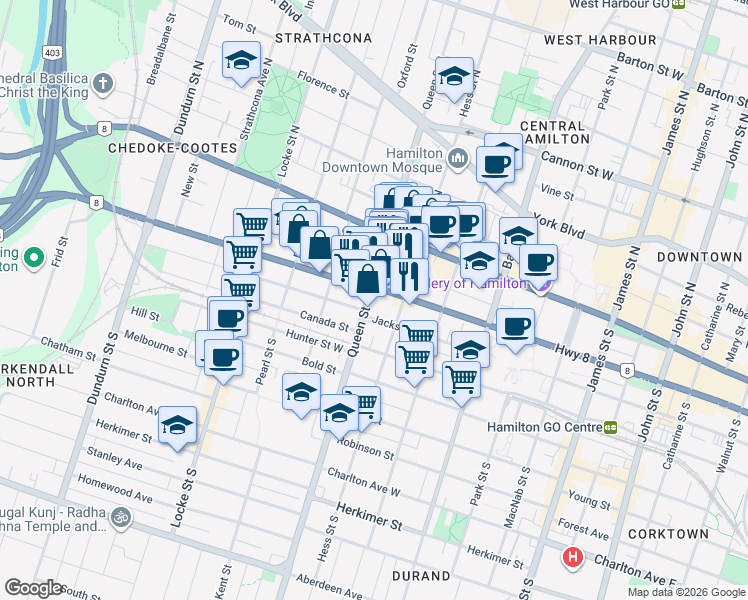 map of restaurants, bars, coffee shops, grocery stores, and more near in Hamilton