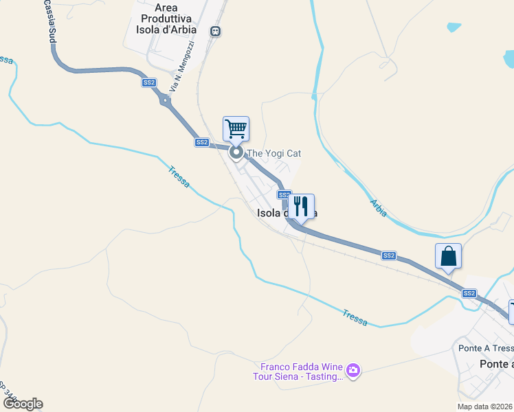map of restaurants, bars, coffee shops, grocery stores, and more near 7 Via della Gabella in Isola d'Arbia