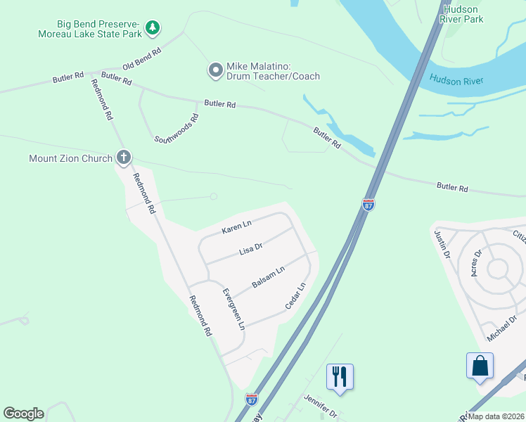 map of restaurants, bars, coffee shops, grocery stores, and more near 121 Karen Lane in Gansevoort