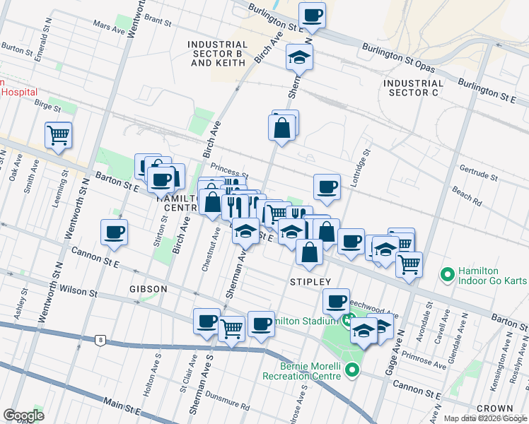 map of restaurants, bars, coffee shops, grocery stores, and more near 9 Case Street in Hamilton