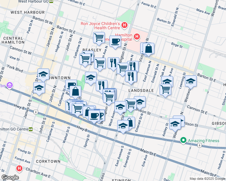 map of restaurants, bars, coffee shops, grocery stores, and more near 125 Wellington Street North in Hamilton