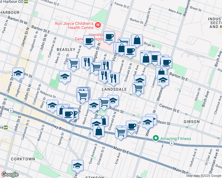 map of restaurants, bars, coffee shops, grocery stores, and more near 306 Cannon Street East in Hamilton