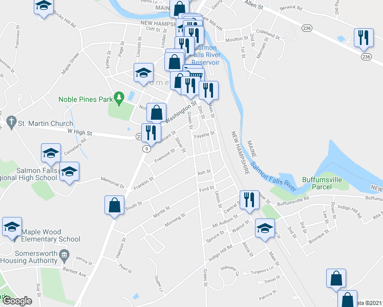 map of restaurants, bars, coffee shops, grocery stores, and more near 65 Green Street in Somersworth