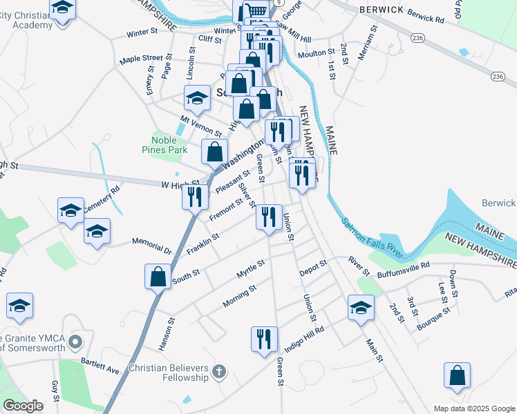 map of restaurants, bars, coffee shops, grocery stores, and more near 42 Franklin Street in Somersworth