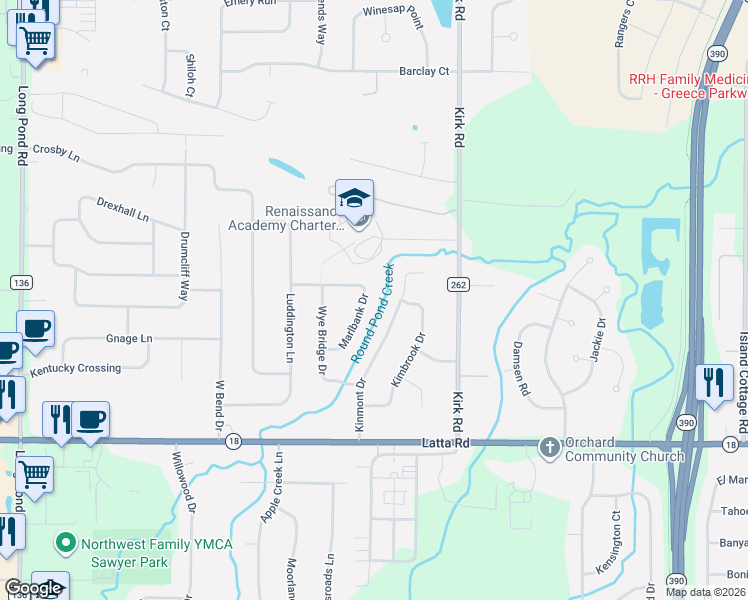 map of restaurants, bars, coffee shops, grocery stores, and more near 81 Marlbank Drive in Rochester