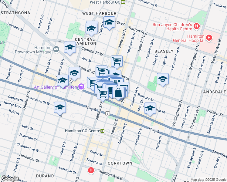 map of restaurants, bars, coffee shops, grocery stores, and more near 35 King William Street in Hamilton