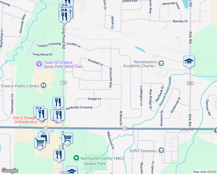 map of restaurants, bars, coffee shops, grocery stores, and more near 327 Drumcliff Way in Rochester