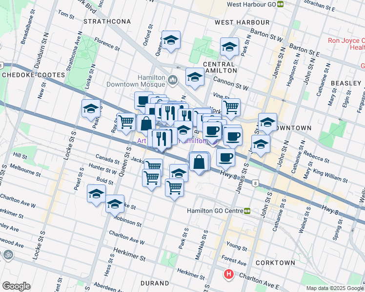 map of restaurants, bars, coffee shops, grocery stores, and more near in Hamilton