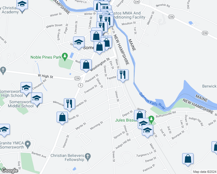 map of restaurants, bars, coffee shops, grocery stores, and more near 3 Union Street in Somersworth